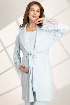 Lace Sleeve 3-Piece Maternity-Nursing Pajama & Robe Set Blue - 560