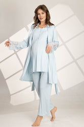 Lace Sleeve 3-Piece Maternity-Nursing Pajama & Robe Set Blue - 560