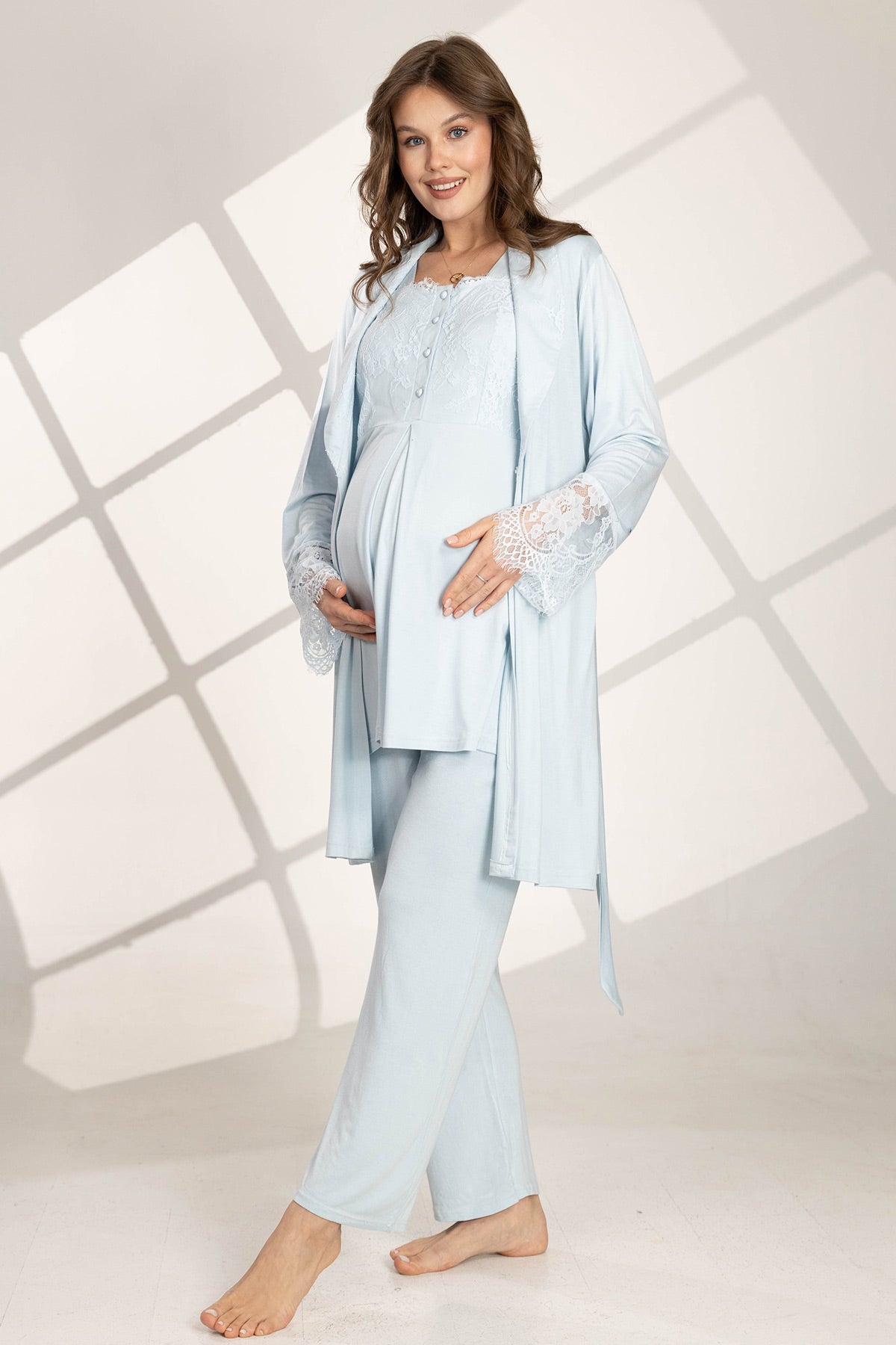 Lace Sleeve 3-Piece Maternity-Nursing Pajama & Robe Set Blue - 560