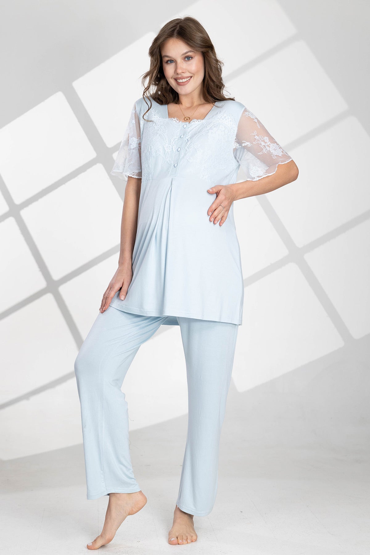 Lace Sleeve 3-Piece Maternity-Nursing Pajama & Robe Set Blue - 560