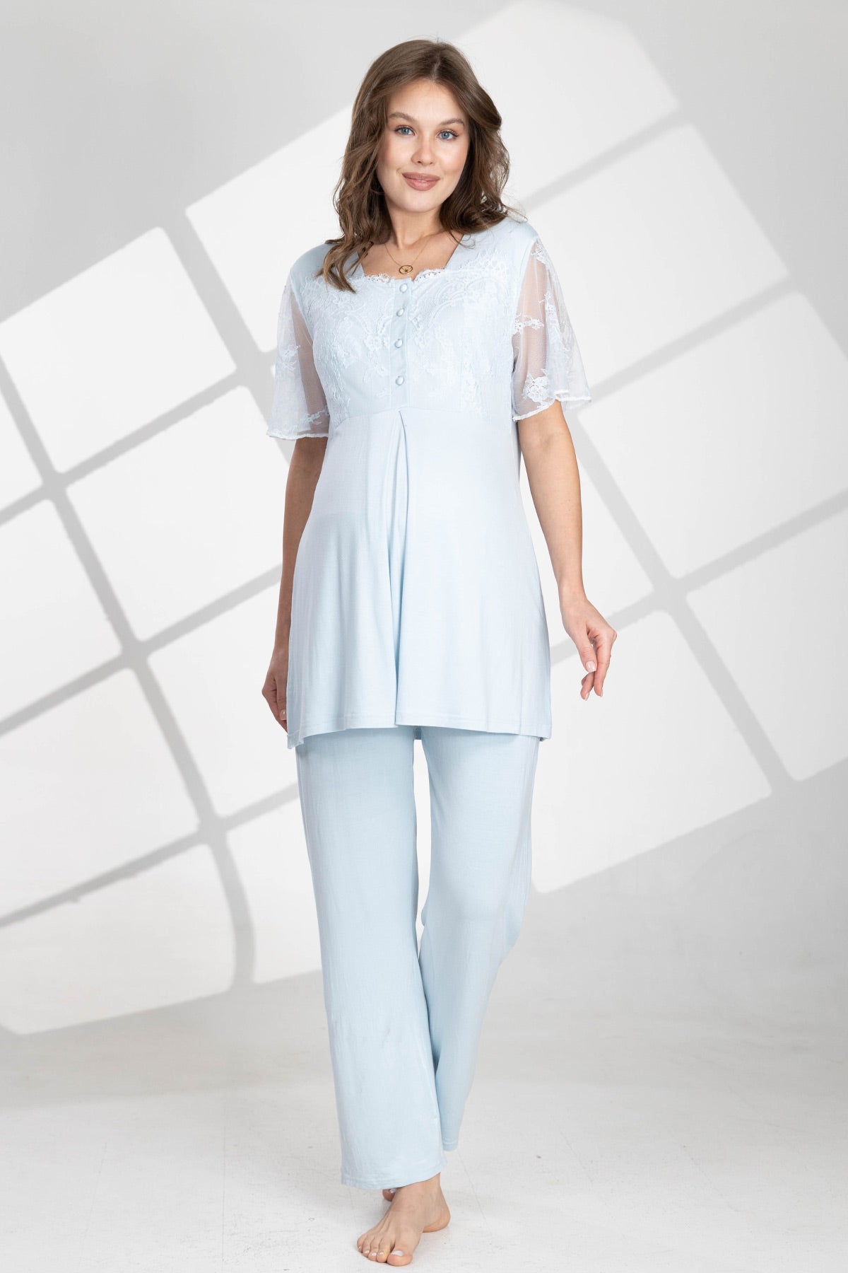 Lace Sleeve 3-Piece Maternity-Nursing Pajama & Robe Set Blue - 560