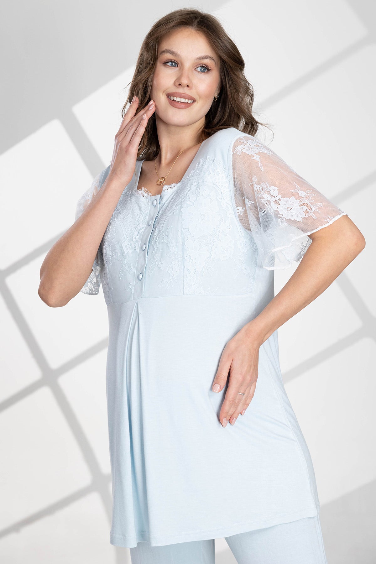 Lace Sleeve 3-Piece Maternity-Nursing Pajama & Robe Set Blue - 560