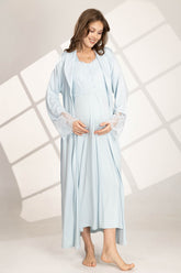 Lace Sleeve Maternity-Nursing Nightgown & Robe Set Blue - 561