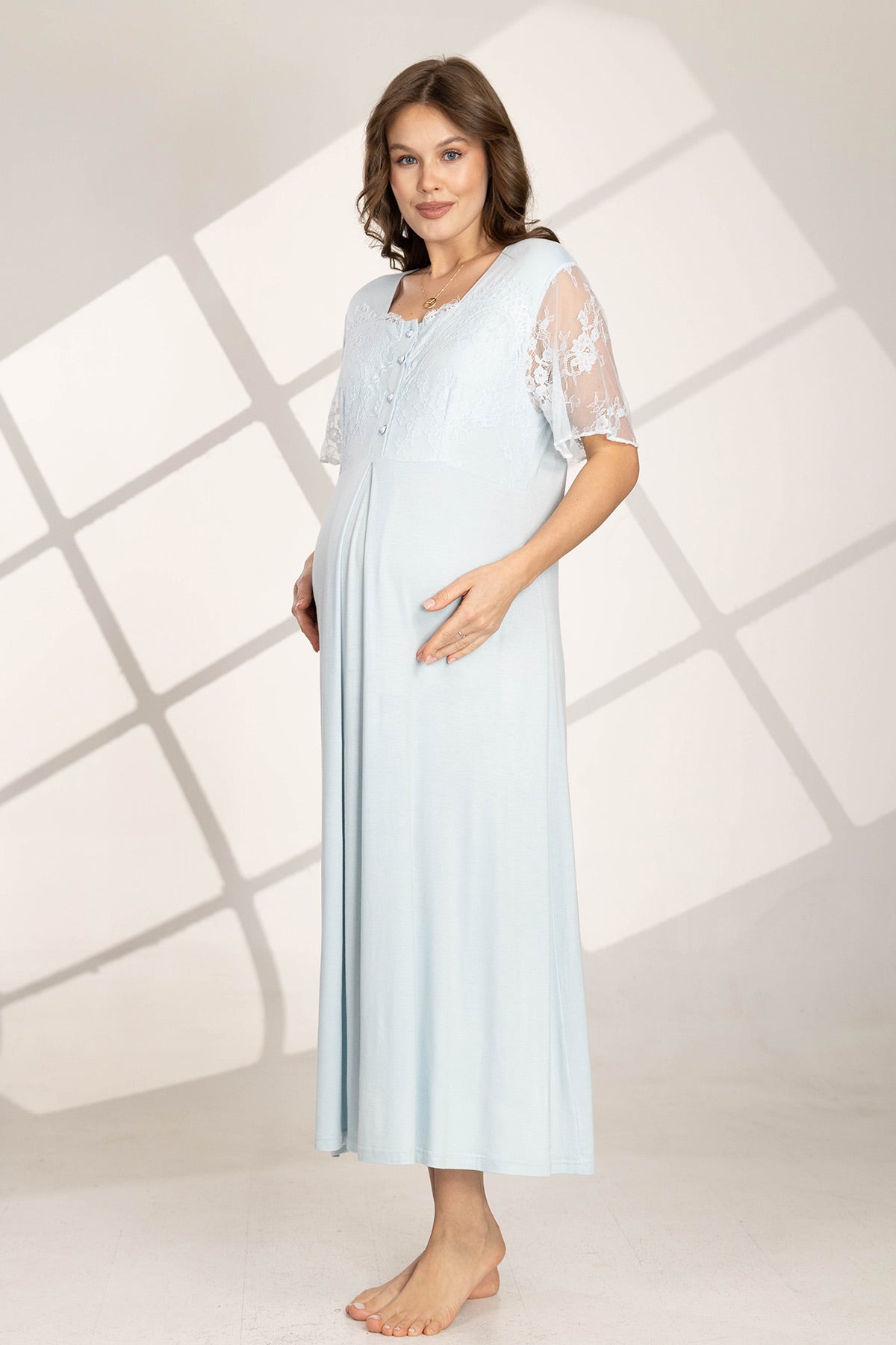 Lace Sleeve Maternity-Nursing Nightgown & Robe Set Blue - 561