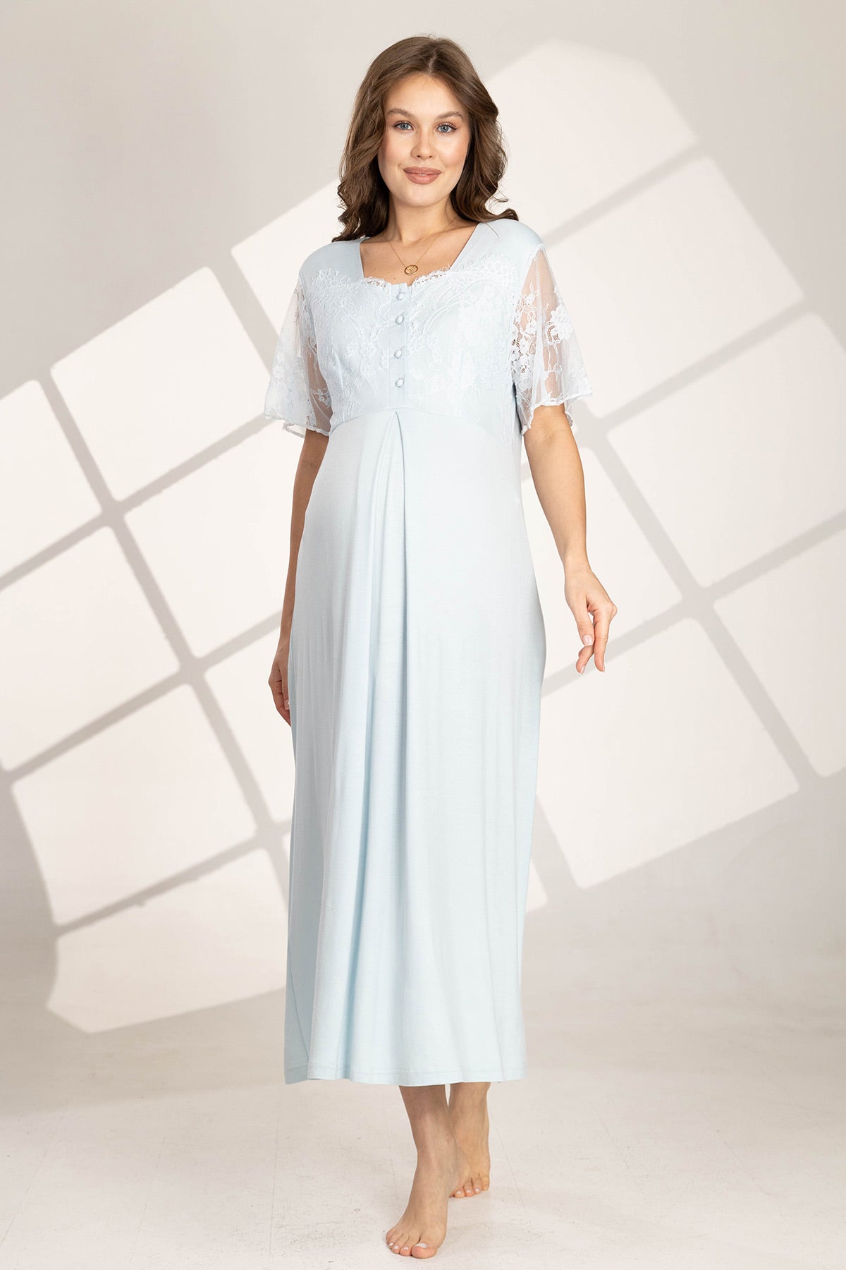 Lace Sleeve Maternity-Nursing Nightgown & Robe Set Blue - 561