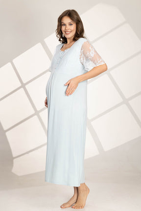 Lace Sleeve Maternity-Nursing Nightgown & Robe Set Blue - 561