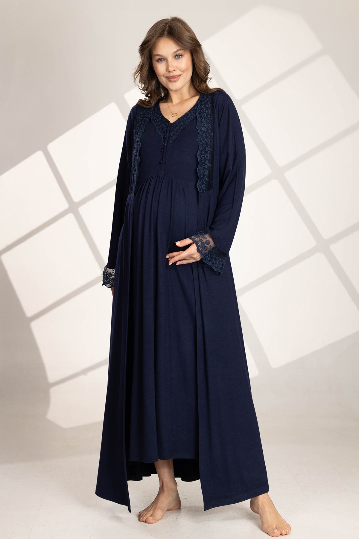 Flower Guipure Detailed Maternity-Nursing Nightgown & Robe Set Navy Blue - 562