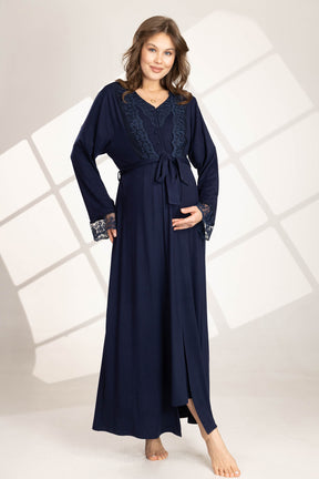 Flower Guipure Detailed Maternity-Nursing Nightgown & Robe Set Navy Blue - 562