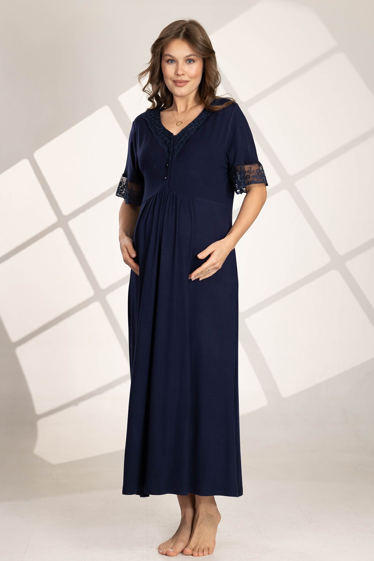 Flower Guipure Detailed Maternity-Nursing Nightgown & Robe Set Navy Blue - 562