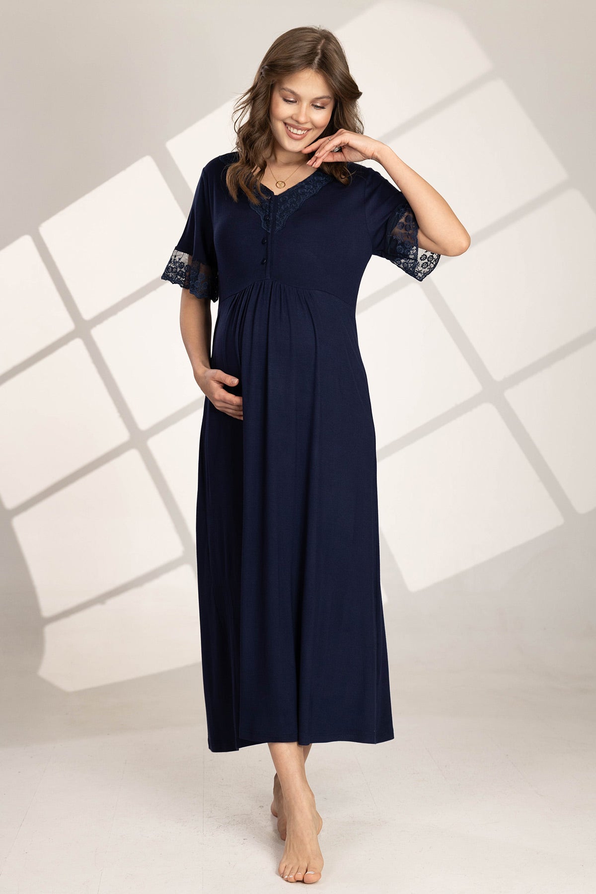 Flower Guipure Detailed Maternity-Nursing Nightgown & Robe Set Navy Blue - 562