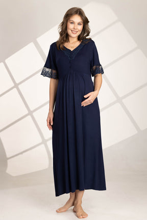 Flower Guipure Detailed Maternity-Nursing Nightgown & Robe Set Navy Blue - 562