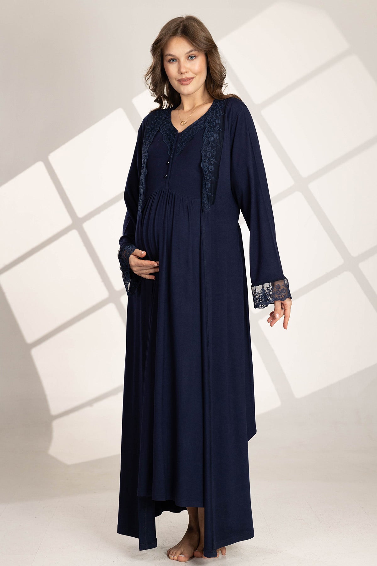 Flower Guipure Detailed Maternity-Nursing Nightgown & Robe Set Navy Blue - 562