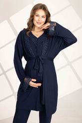 Flower Guipure Detailed 3-Piece Maternity-Nursing Pajama & Robe Set Navy Blue - 563