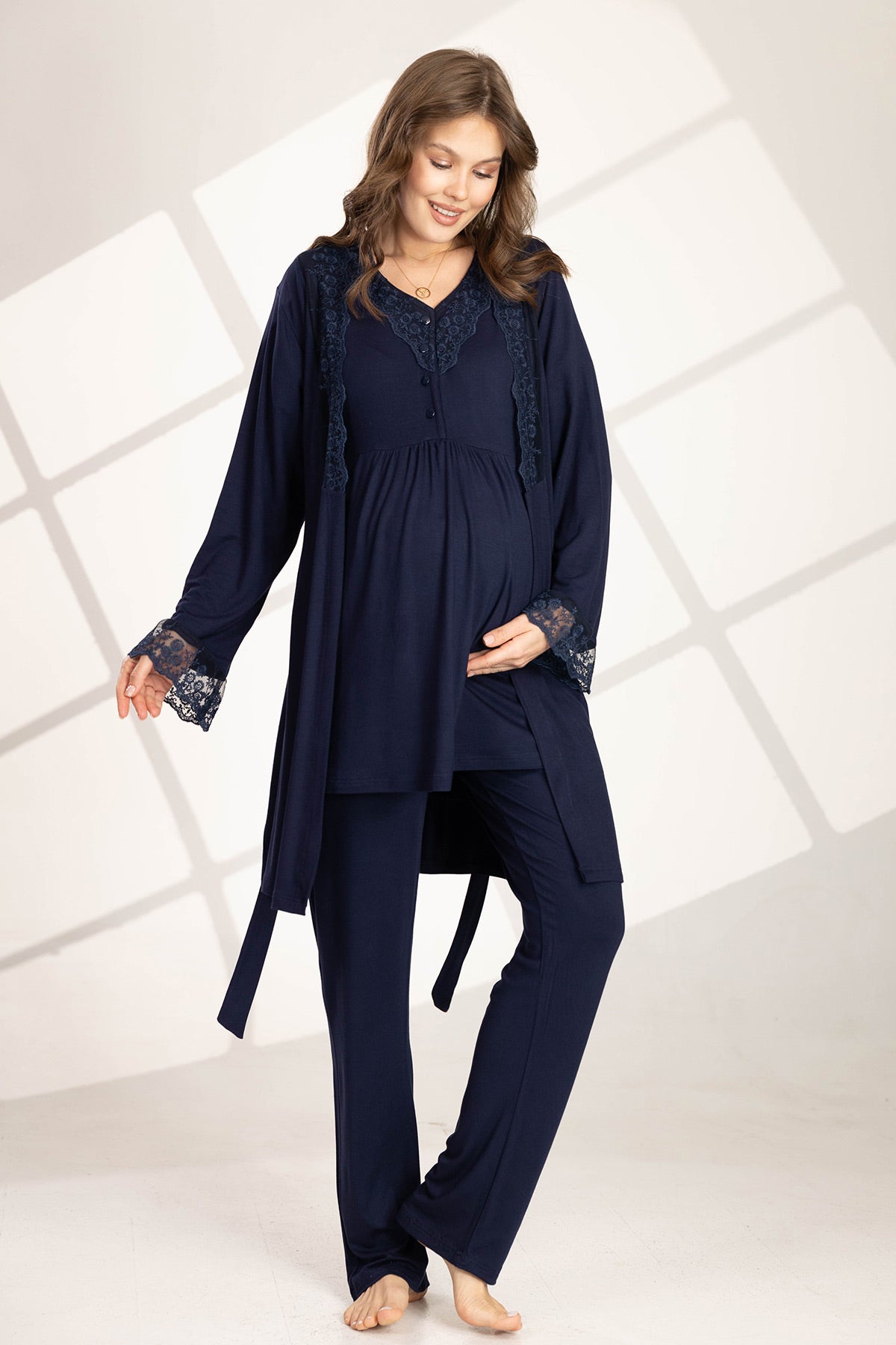 Flower Guipure Detailed 3-Piece Maternity-Nursing Pajama & Robe Set Navy Blue - 563