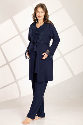 Flower Guipure Detailed 3-Piece Maternity-Nursing Pajama & Robe Set Navy Blue - 563