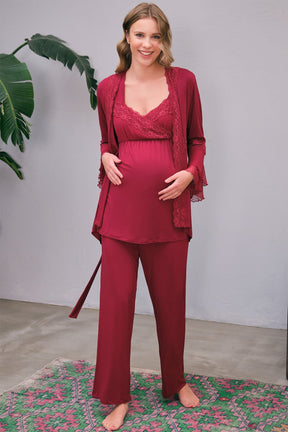 Lace Double Breasted 3-Pieces Maternity & Nursing Pajamas With Flywheel Arm Robe Cherry - 5648