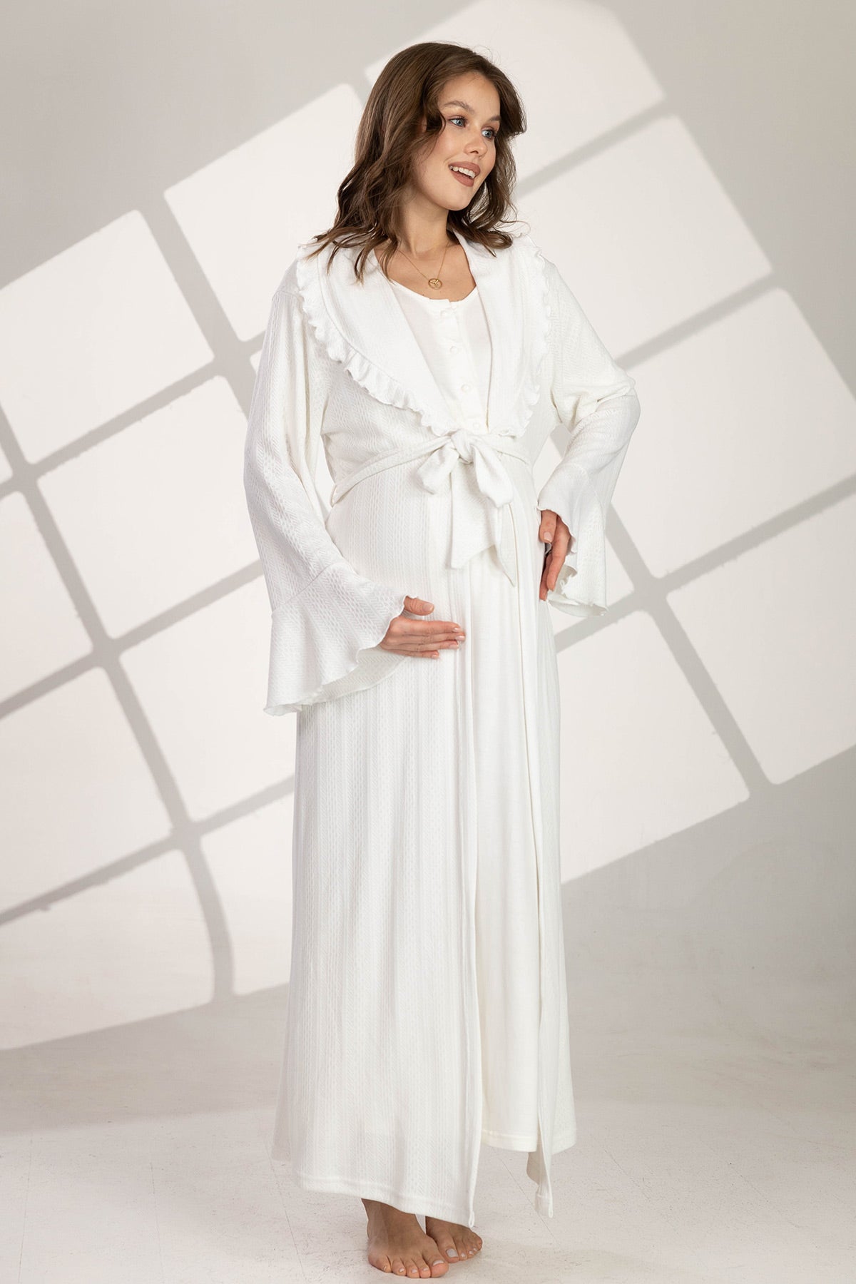 Breastfeeding Detailed Maternity-Nursing Nightgown & Jacquard Robe Set Ecru - 565