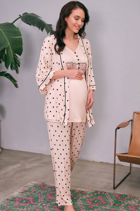 Lace 3-Pieces Maternity & Nursing Pajamas With Polka Dot Robe Pink - 5655