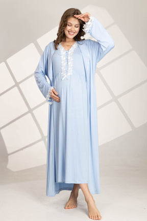 Lace Detailed 4-Piece Maternity-Nursing Set Blue - 566