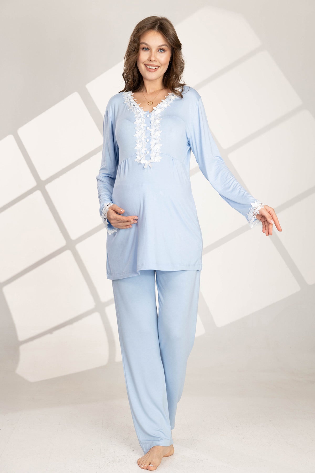 Lace Detailed 4-Piece Maternity-Nursing Set Blue - 566