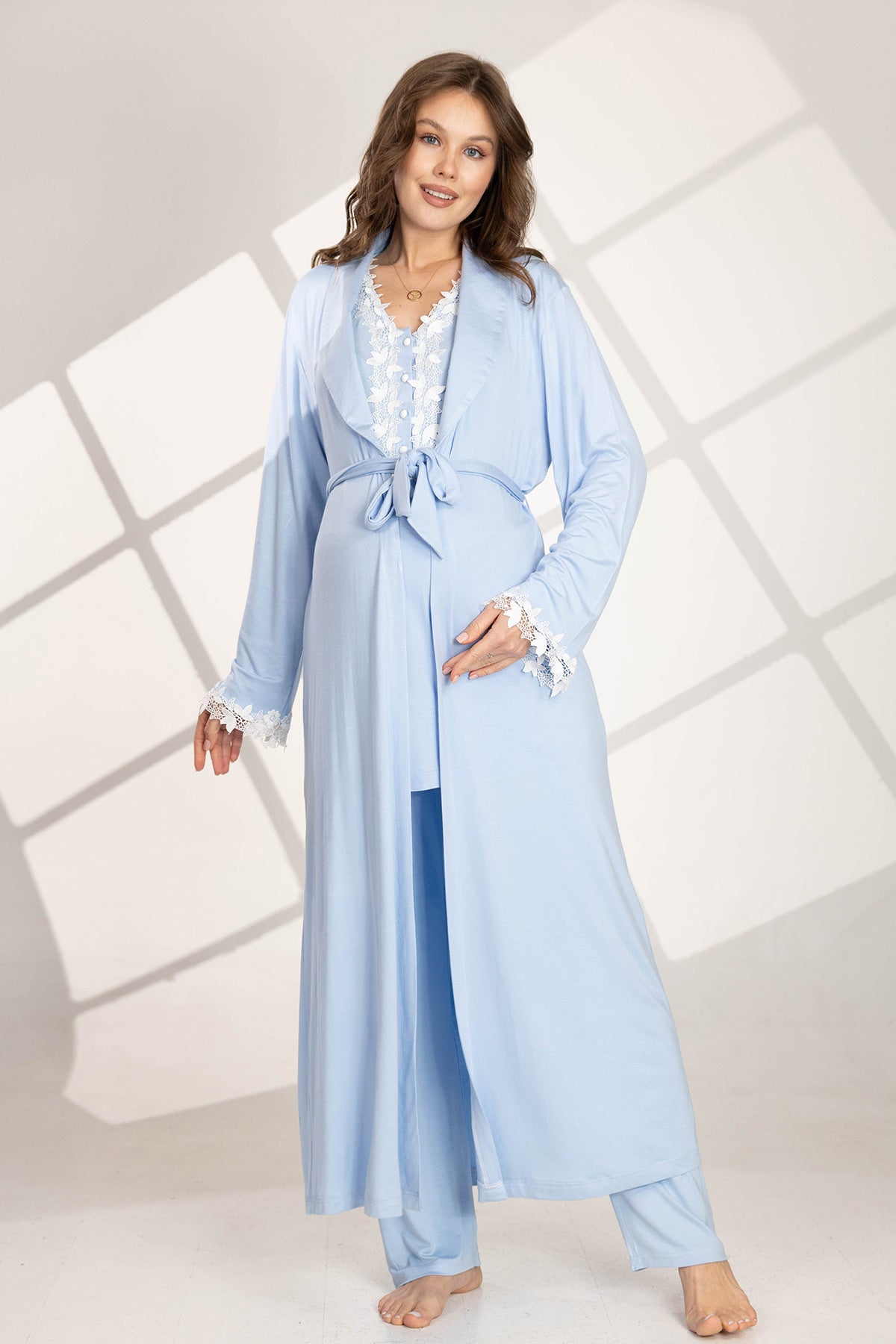 Lace Detailed 4-Piece Maternity-Nursing Set Blue - 566