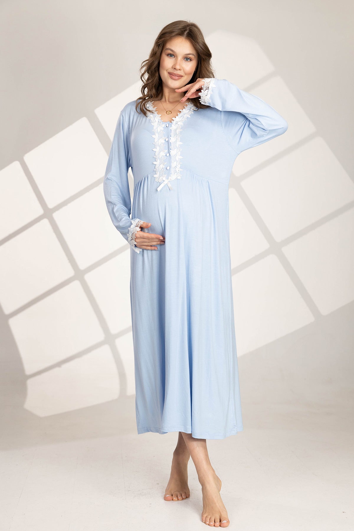 Lace Detailed 4-Piece Maternity-Nursing Set Blue - 566