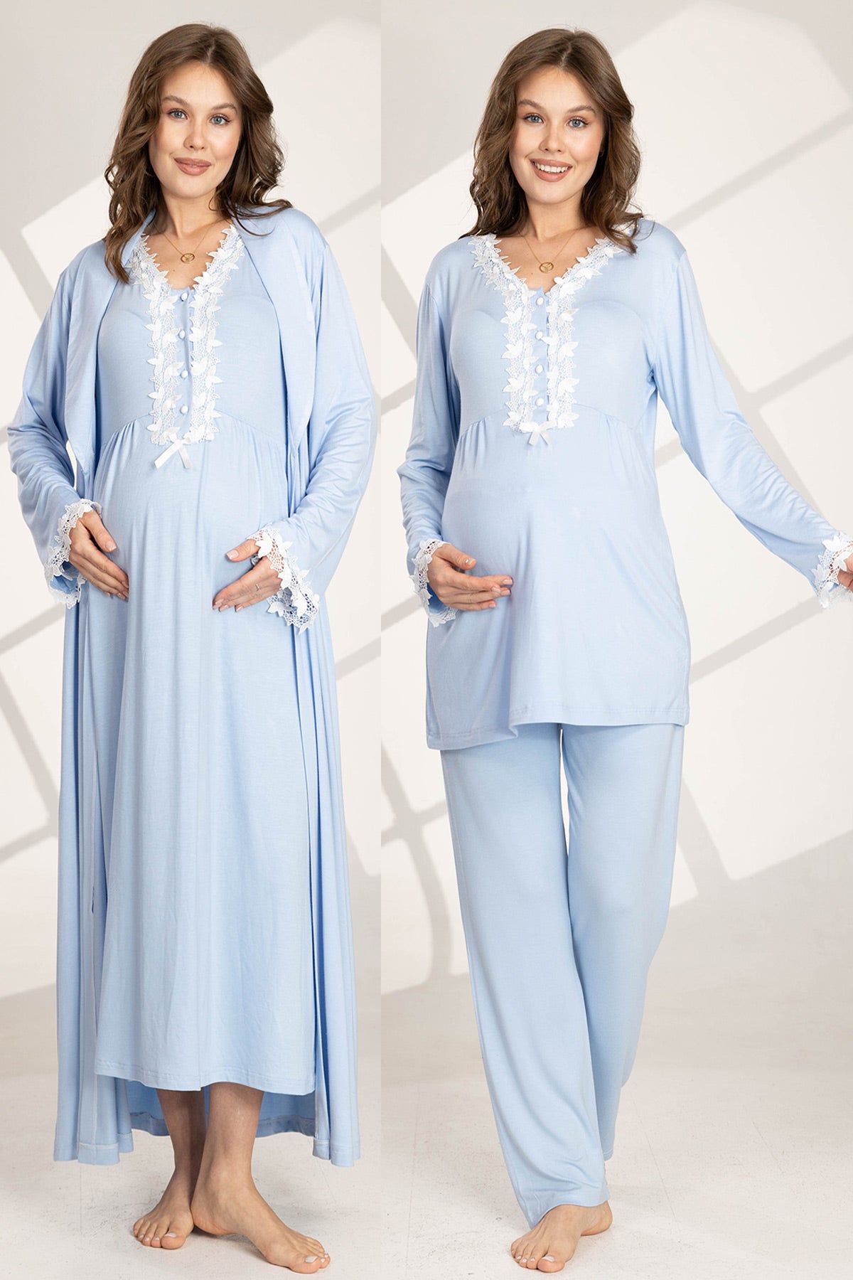 Lace Detailed 4-Piece Maternity-Nursing Set Blue - 566