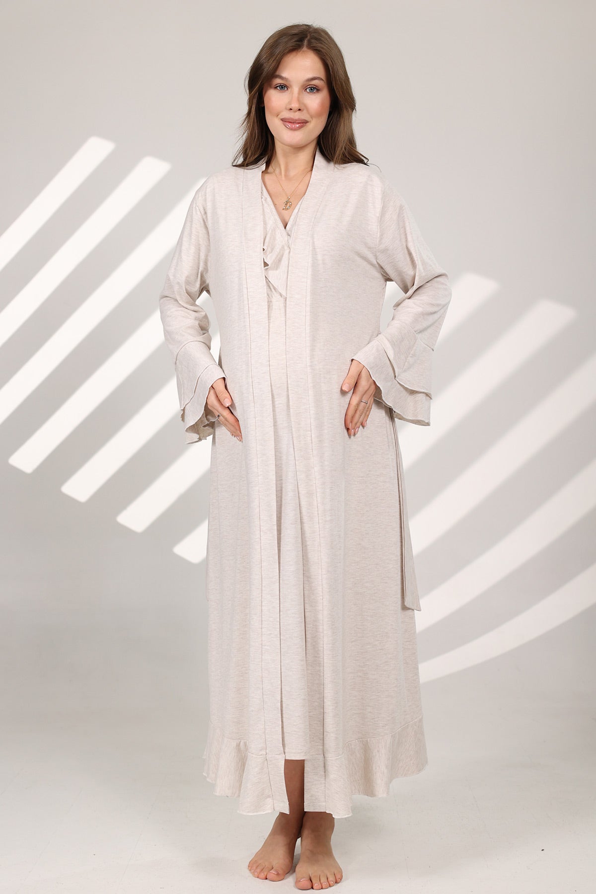 Pleated Breastfeeding Detailed Maternity-Nursing Nightgown & Flywheel Arm Robe Set Beige - 572