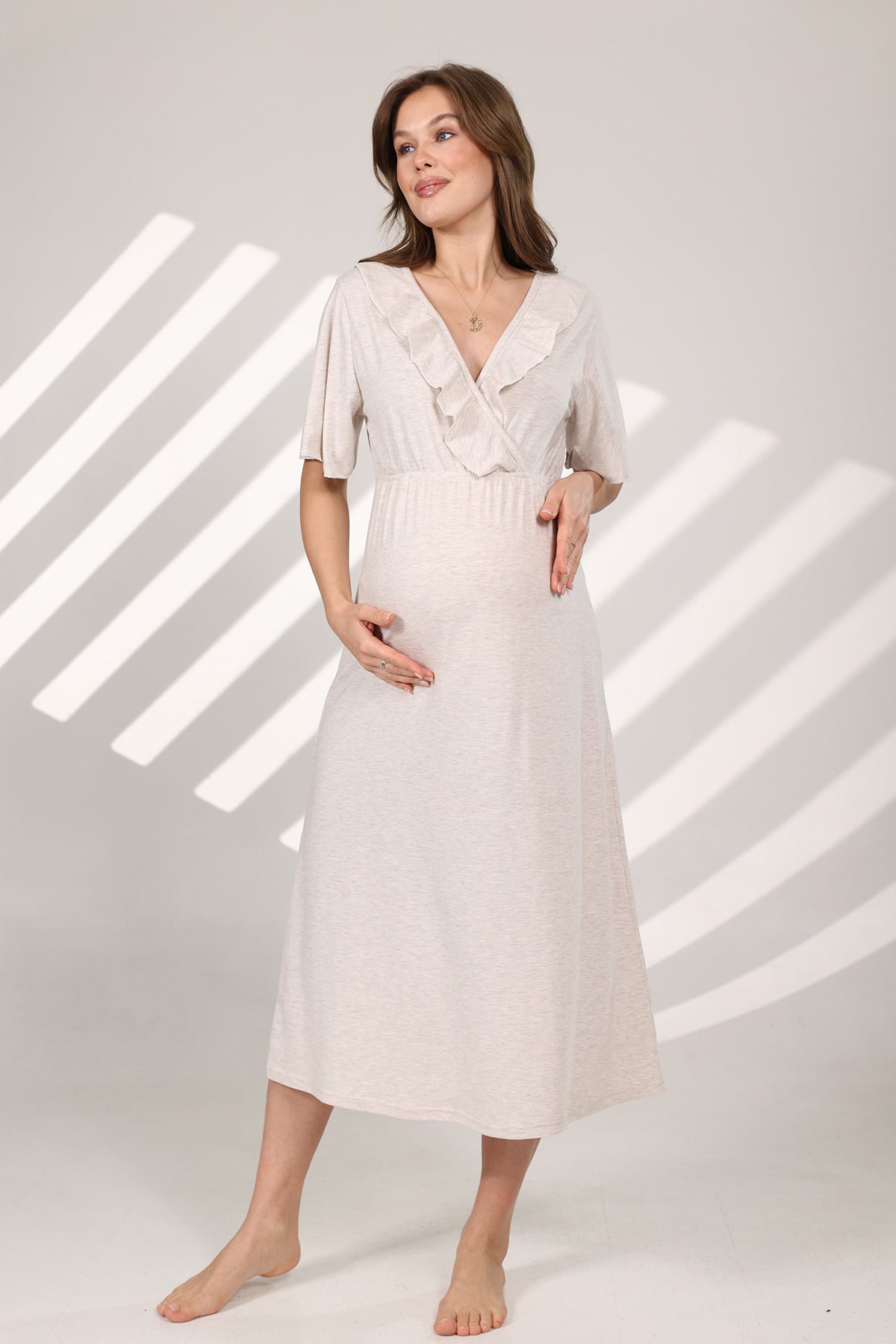 Pleated Breastfeeding Detailed Maternity-Nursing Nightgown & Flywheel Arm Robe Set Beige - 572