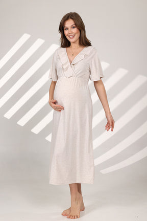 Pleated Breastfeeding Detailed Maternity-Nursing Nightgown & Flywheel Arm Robe Set Beige - 572