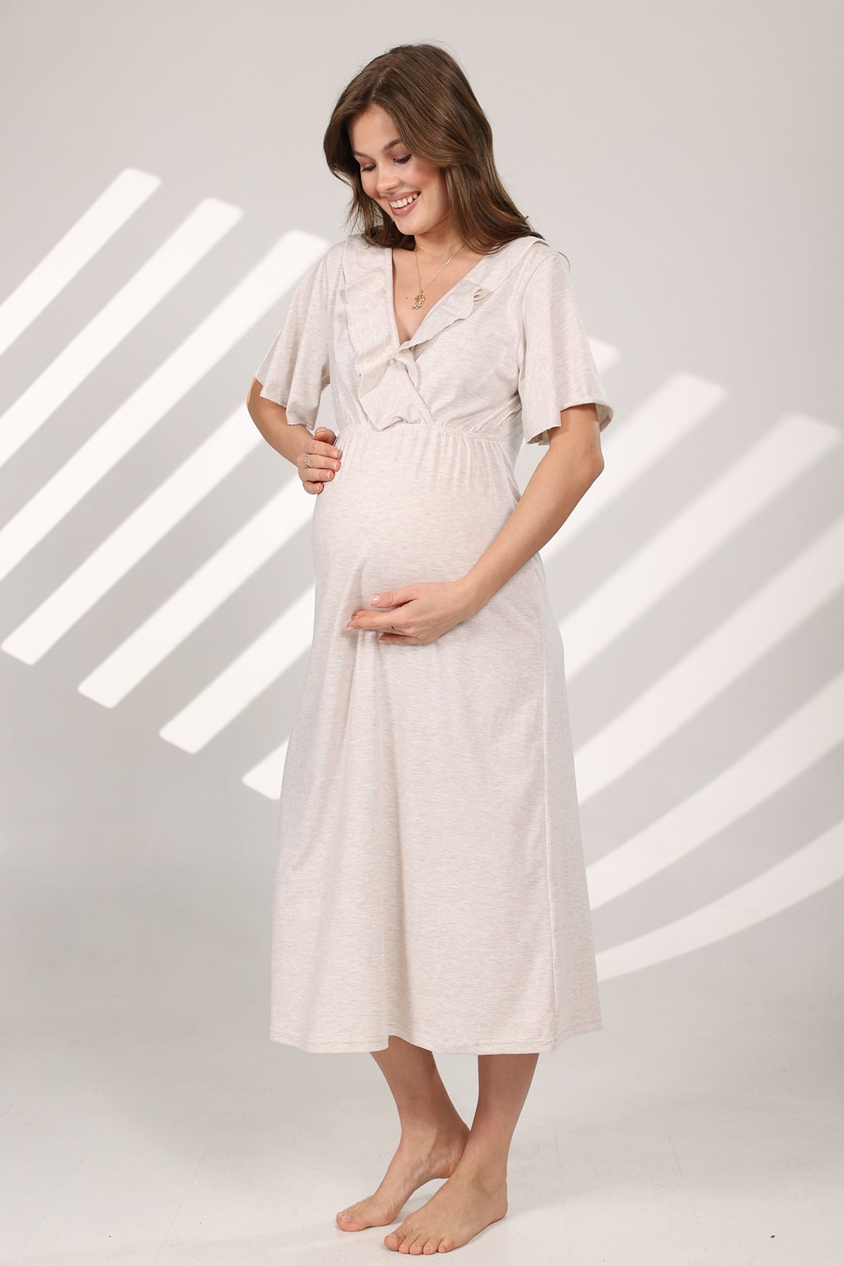 Pleated Breastfeeding Detailed Maternity-Nursing Nightgown & Flywheel Arm Robe Set Beige - 572