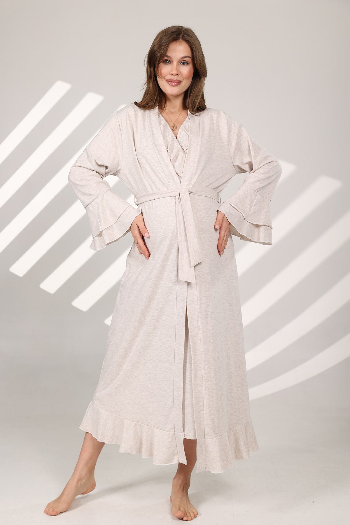 Pleated Breastfeeding Detailed Maternity-Nursing Nightgown & Flywheel Arm Robe Set Beige - 572