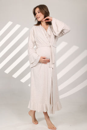 Pleated Breastfeeding Detailed Maternity-Nursing Nightgown & Flywheel Arm Robe Set Beige - 572