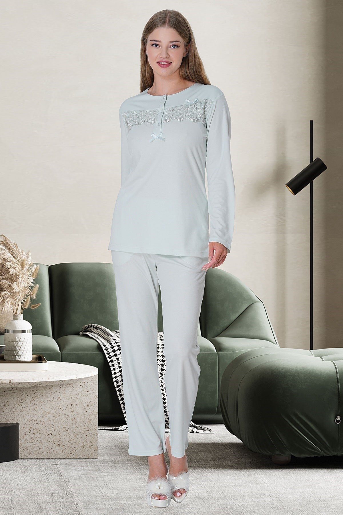 Patterned Laced 4 Pieces Maternity & Nursing Set Blue - 5735