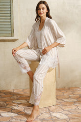 Lace Embroidered Women's Casual Outfit With Woven Robe White - 5744