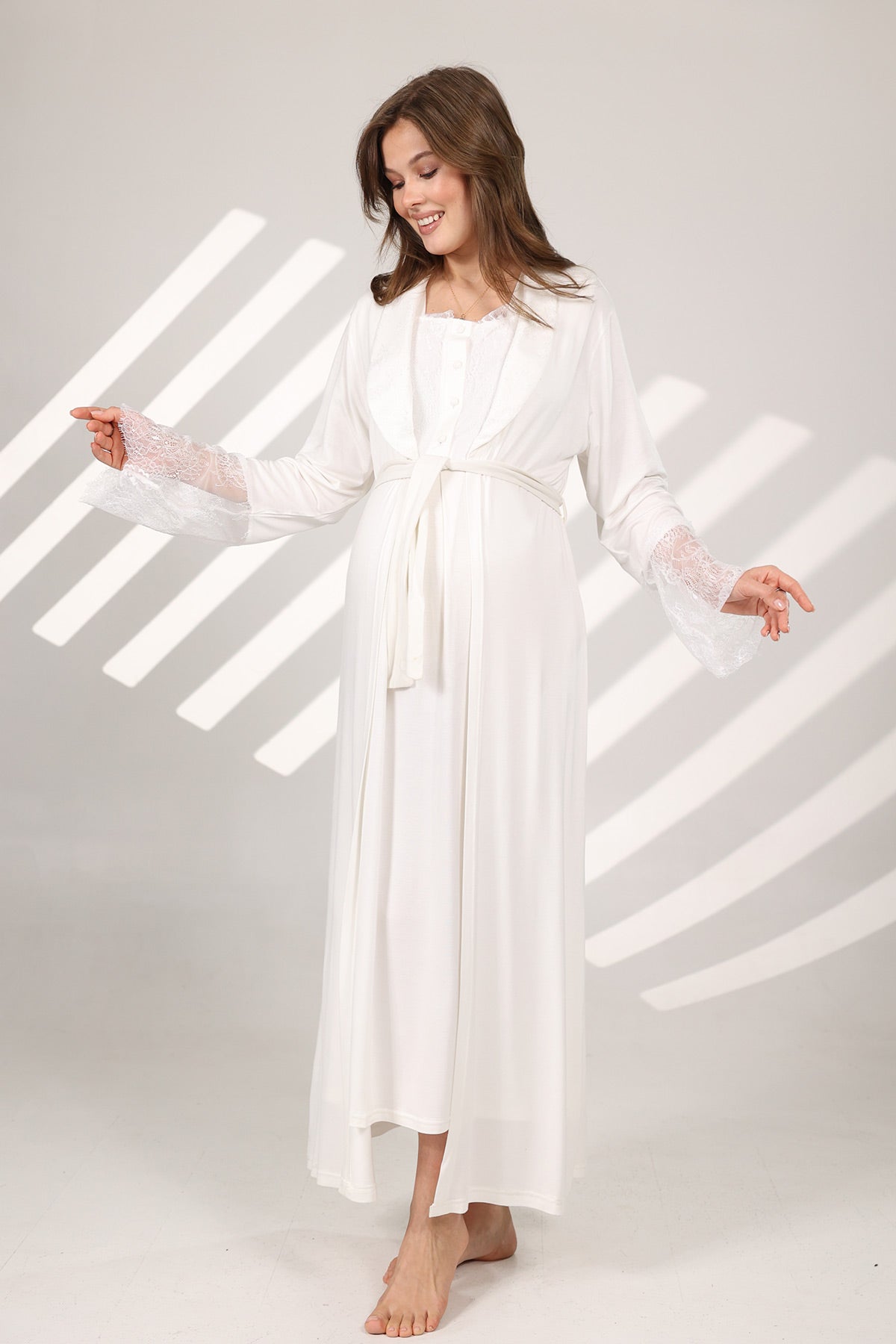 Lace Sleeve Maternity-Nursing Nightgown & Robe Set Ecru - 576