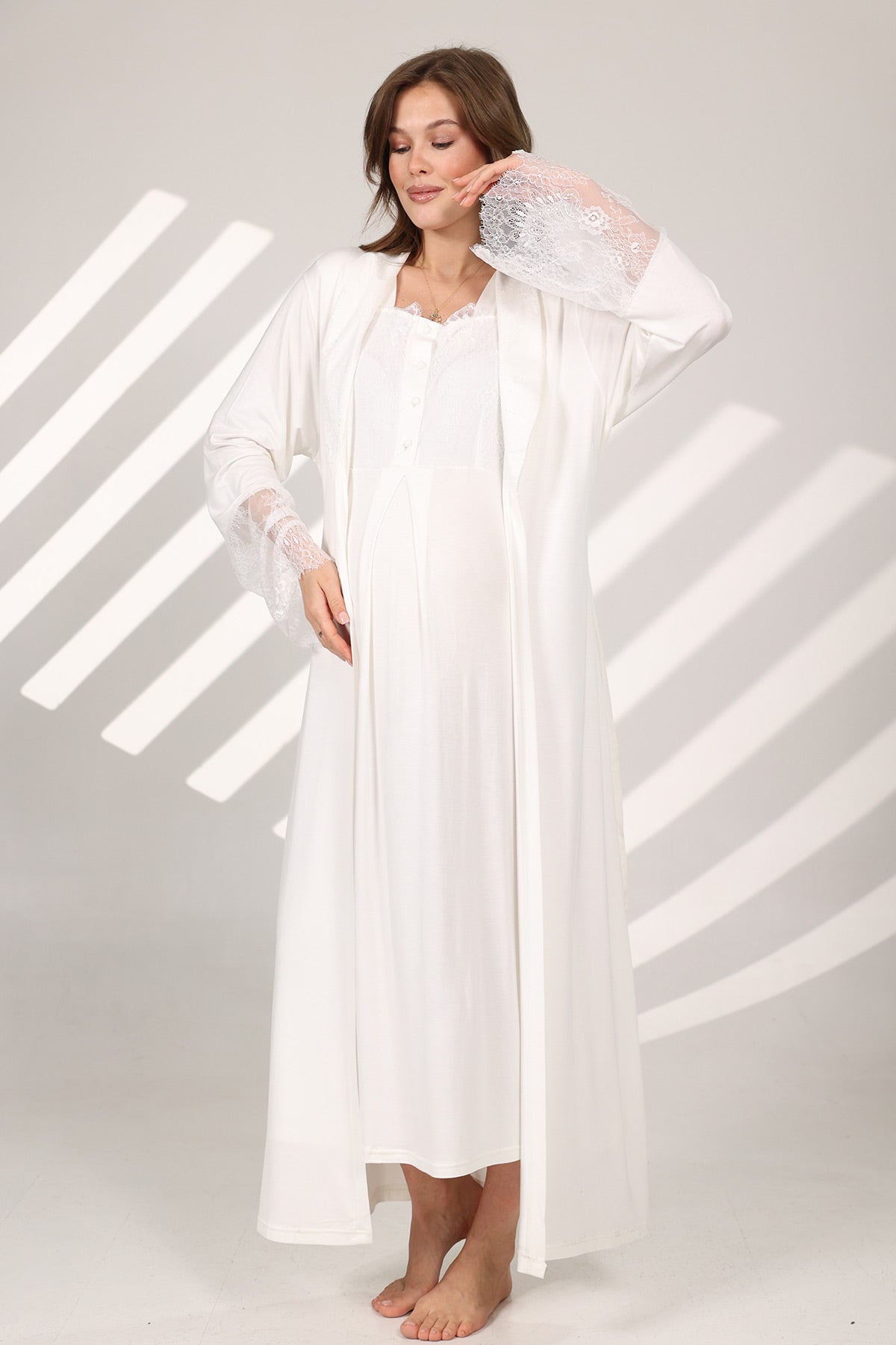 Lace Sleeve Maternity-Nursing Nightgown & Robe Set Ecru - 576