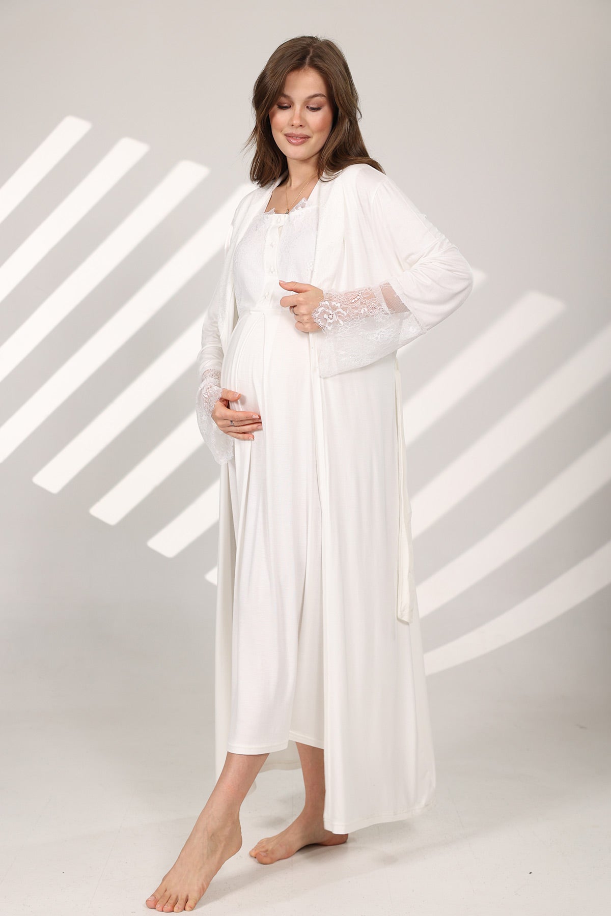 Lace Sleeve Maternity-Nursing Nightgown & Robe Set Ecru - 576