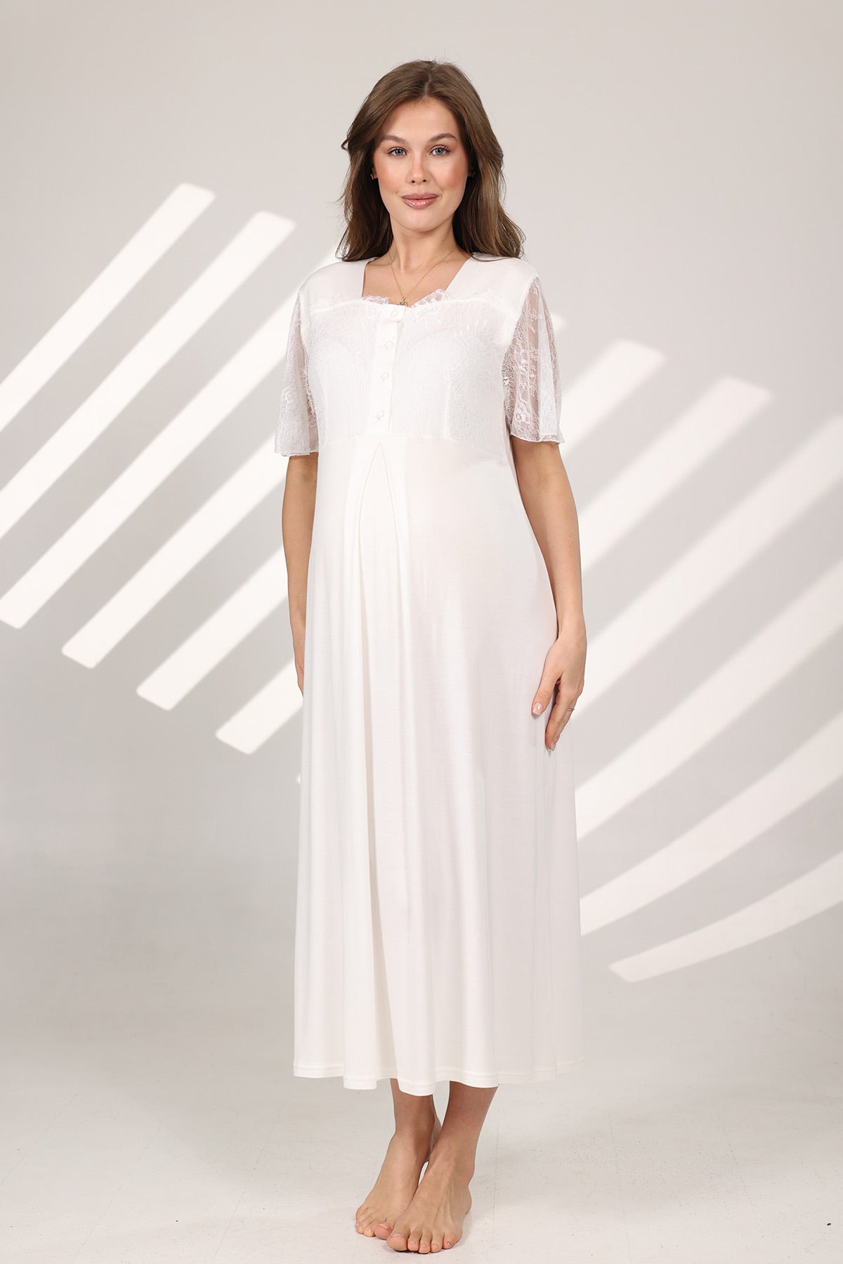 Lace Sleeve Maternity-Nursing Nightgown & Robe Set Ecru - 576