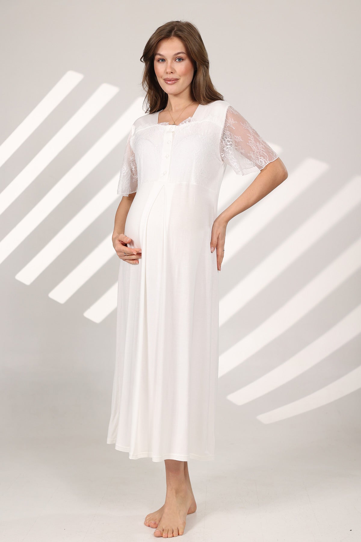 Lace Sleeve Maternity-Nursing Nightgown & Robe Set Ecru - 576