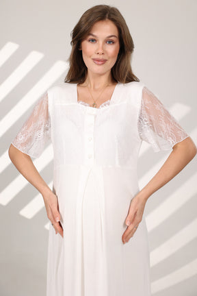 Lace Sleeve Maternity-Nursing Nightgown & Robe Set Ecru - 576