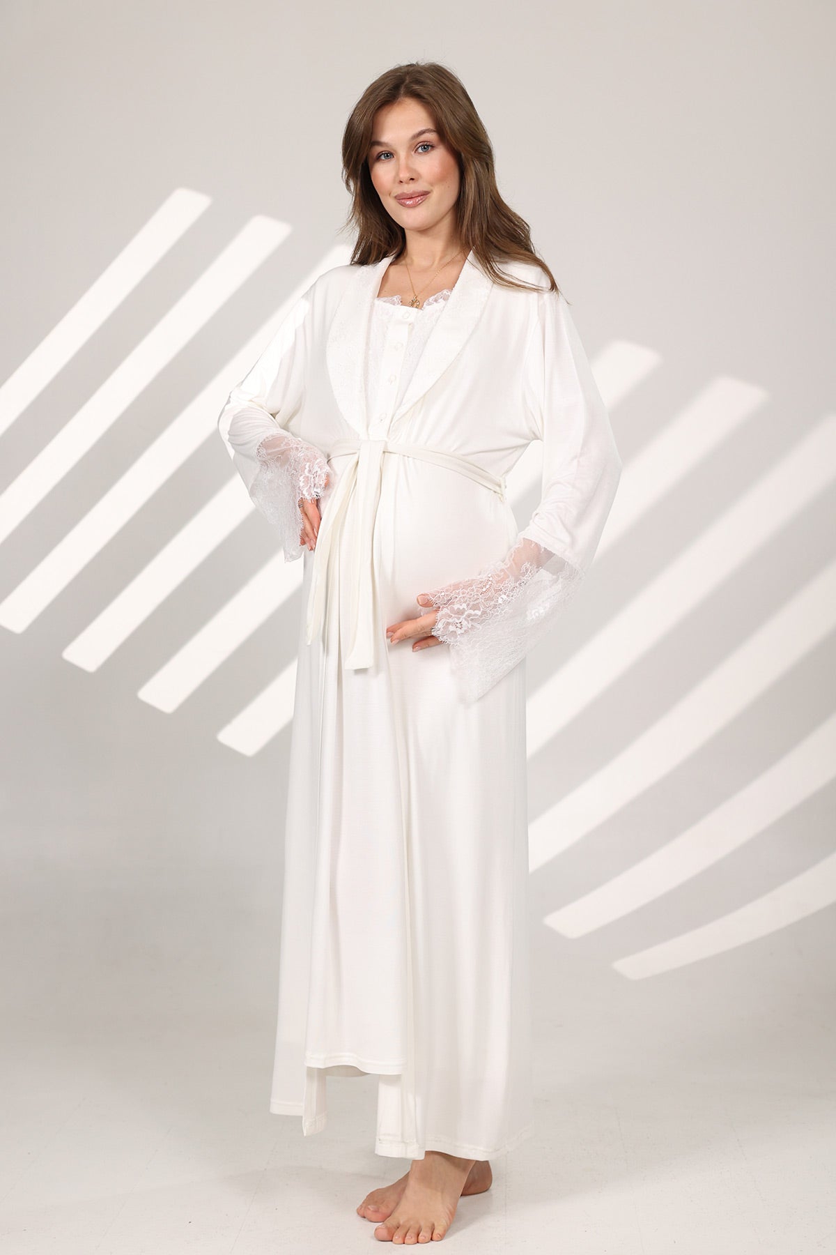 Lace Sleeve Maternity-Nursing Nightgown & Robe Set Ecru - 576