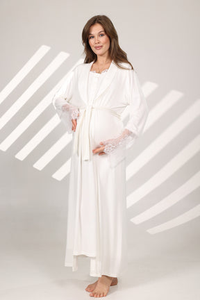 Lace Sleeve Maternity-Nursing Nightgown & Robe Set Ecru - 576