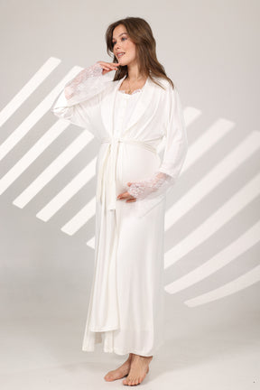 Lace Sleeve Maternity-Nursing Nightgown & Robe Set Ecru - 576