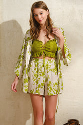 Flower Patterned Women's Bustier Suit With Robe Green - 5764
