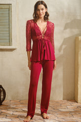 Lacy Women's Bustier Suit With Robe Red - 5767