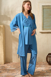 Lace Detailed 3-Pieces Maternity & Nursing Pajamas With Robe Blue - 5771