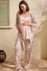 Lace Collar 3-Pieces Maternity & Nursing Pajamas With Flowery Robe Pink - 5773