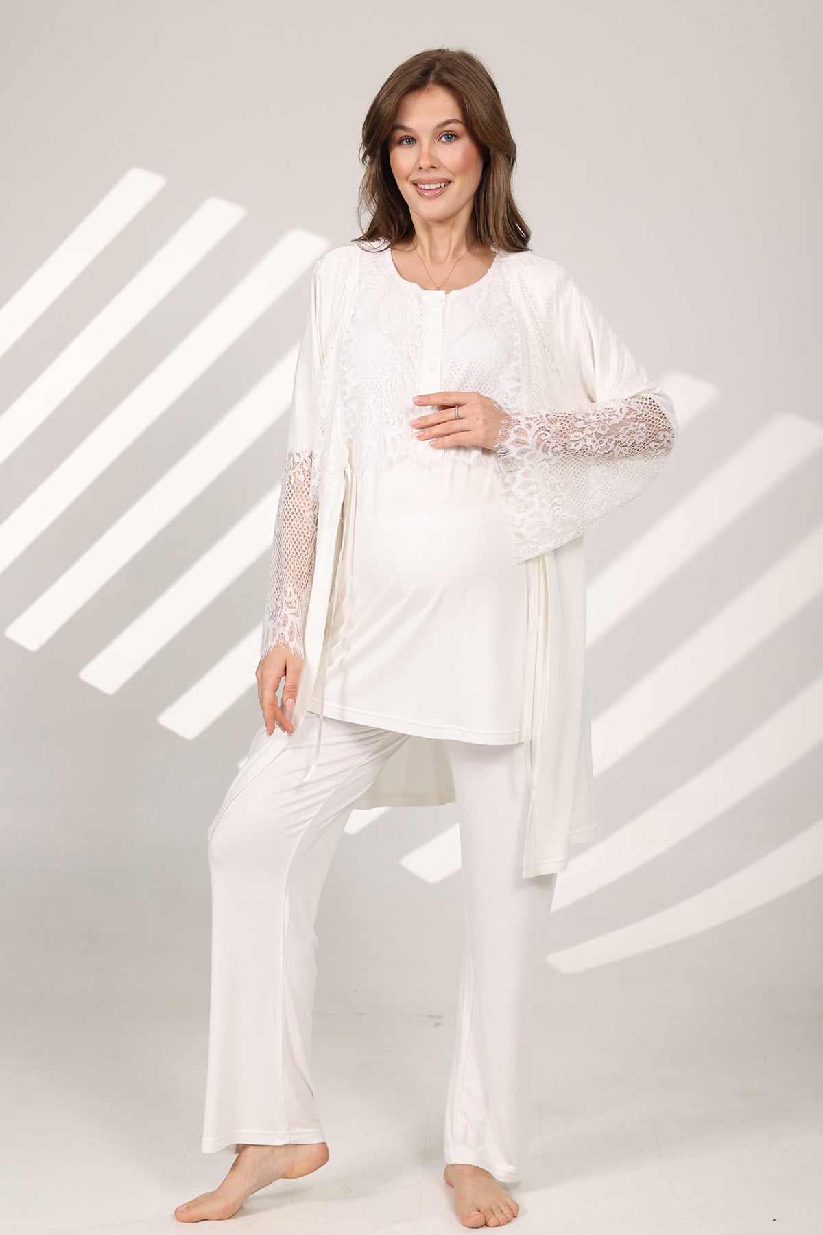 Lace Sleeve 3-Piece Maternity-Nursing Pajama & Robe Set Ecru - 578