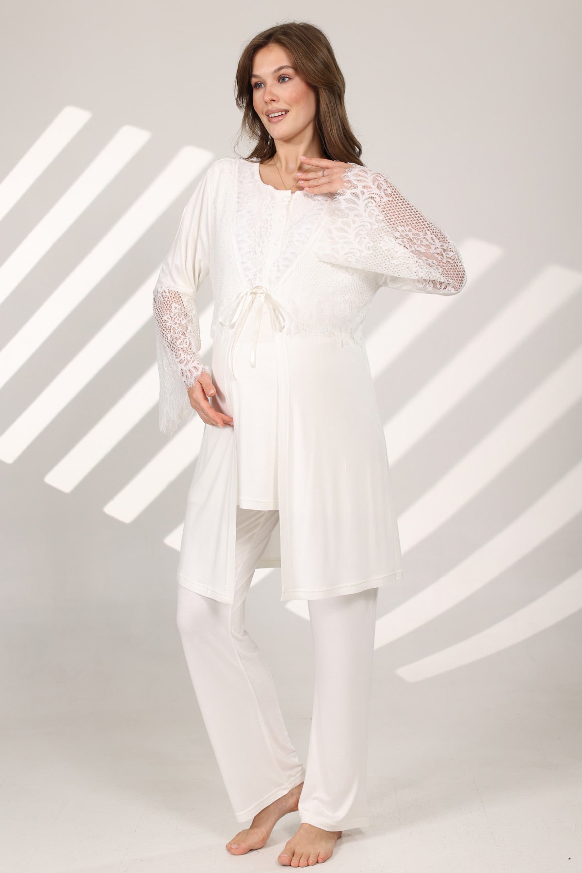 Lace Sleeve 3-Piece Maternity-Nursing Pajama & Robe Set Ecru - 578